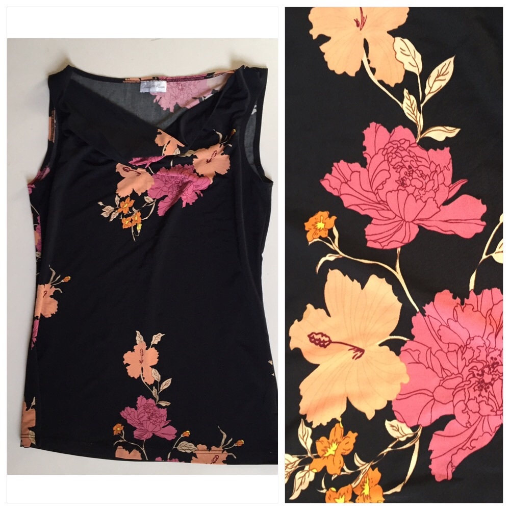 Sleeveless floral print knit rayon top Black w/floral print